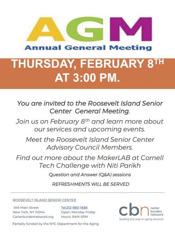 TODAY, Annual General Meeting, Roosevelt Island Senior Center TODAY, Annual General Meeting, Roosevelt Island Senior Center